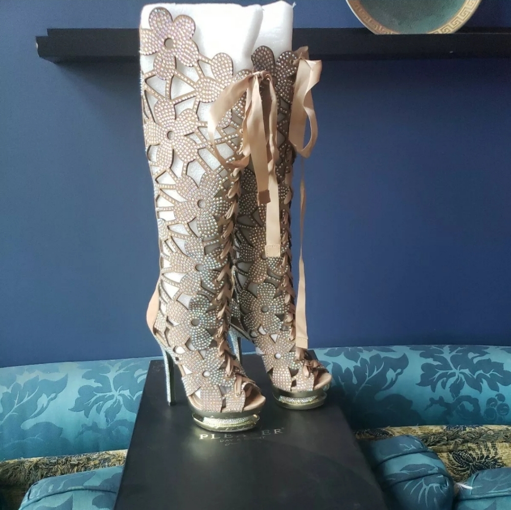 Pleaser knee high boots Blush Suede /Gold Chrome